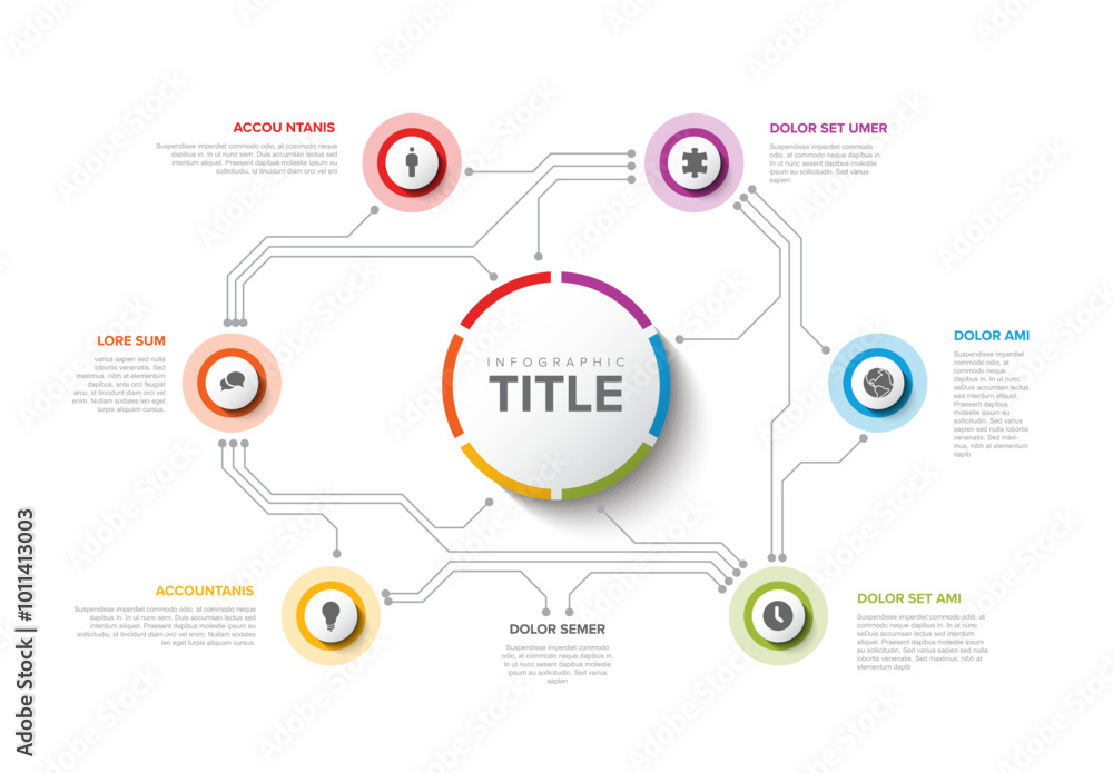 Poster simple colorful circular infographic circuit design template with six element and big circle with ti