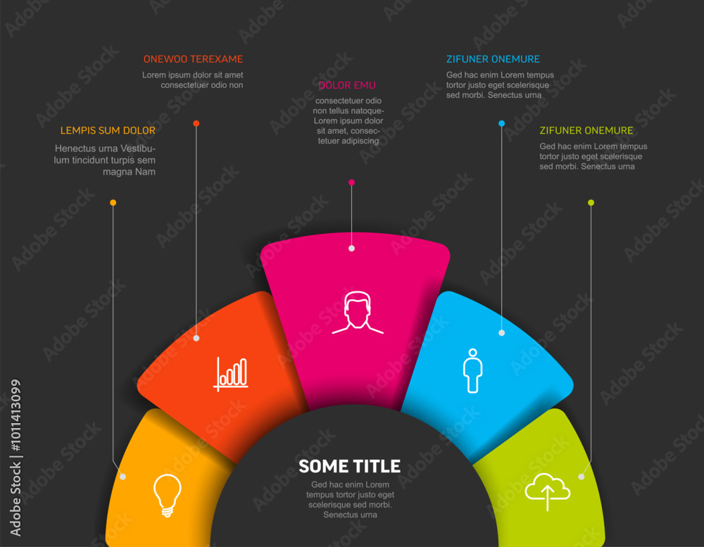 Poster vector dark multipurpose infographic template with five color rounded elements on the bottom, descri