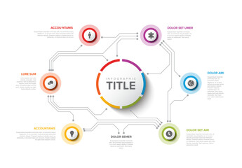 Simple Colorful Circular Infographic circuit Design Template with six element and big circle with title on the light background. Modern multipurpose infochart template