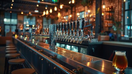 Trendy bar interior with beer taps and warm lighting, perfect for a night out or social gatherings. Enjoy drinks in a cozy atmosphere.