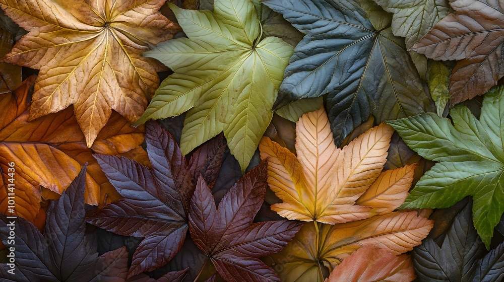 Sticker A close-up of autumn leaves in various colors, showcasing the rich textures and intricate patterns that symbolize fall's beauty