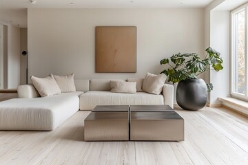 Modern Scandinavian interiors in the living room with beige-tone walls and sofas and interior accessories. Generative AI
