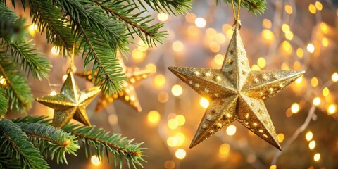Sparkling golden star ornaments hanging on a Christmas tree with glowing lights for festive holiday decorations and celebrations