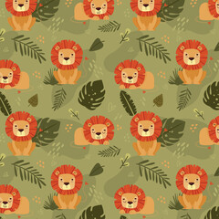 Cute lion doodle seamless pattern of funny safari animals on isolated background. Sweet jungle lions texture for baby design or children print. © amna
