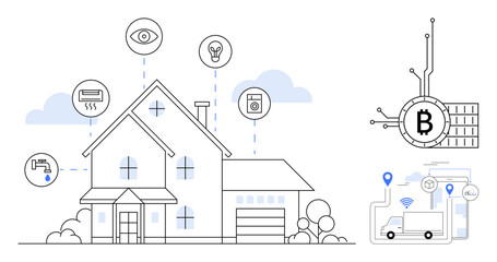 A smart home with connected devices such as a thermostat, security camera, and washing machine. Bitcoin symbol representing cryptocurrency. Ideal for smart home, IoT, blockchain, technology