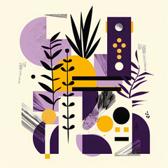 Abstract Botanical Illustration with Geometric Elements in Yellow and Purple