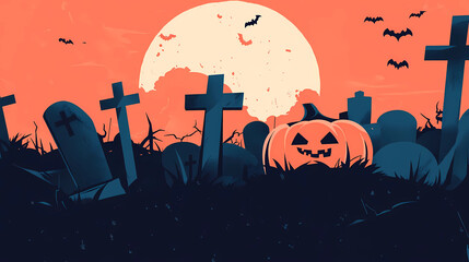 Full Moon Graveyard Scene with Spooky Jack-O'-Lantern and Bats