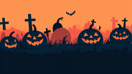 Creepy Pumpkin Patch in a Graveyard with Crosses and Bats
