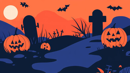 Abstract Graveyard with Pumpkins and Crosses under Moonlight