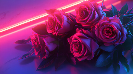 Modern Rose Bouquet with Neon Lighting on Marble Background