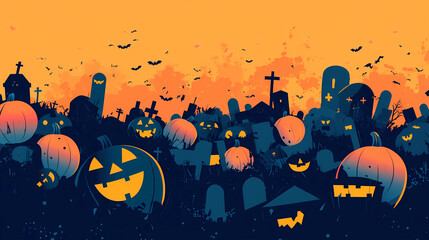 Halloween Graveyard with Jack-O'-Lanterns and Bats at Sunset