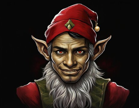 male oriental evil christmas elf, painted with pointed ears and red cap, black background. Penetrating gaze, frightening