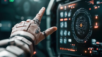 A close-up of a robotic hand in a futuristic space environment interacting with a digital interface, displaying a complex circular design on the screen..