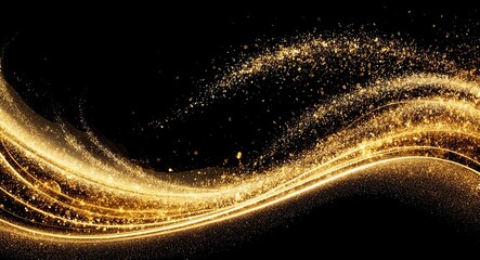 Abstract dynamic and fluid composition of gold particles and waves on black background. Movement and energy, with shimmering gold dust creating a luminous effect, wavy patterns.