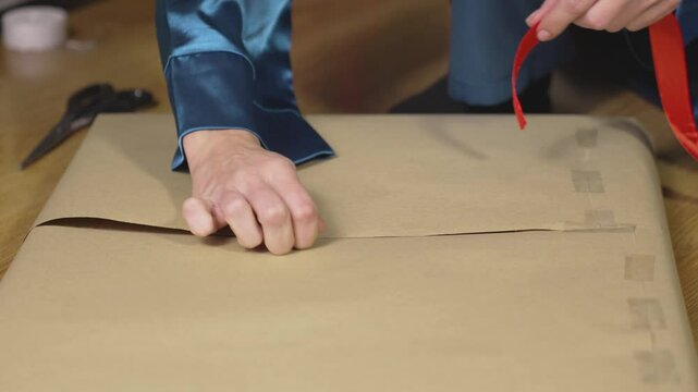 Trying on red ribbon and gluing it to craft