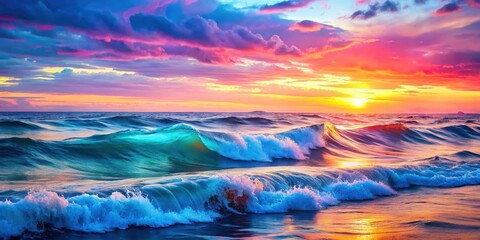 Obraz premium Colorful ocean waves at sunset with pink and blue hues, vibrant watercolor seascape in evening light
