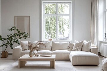Fototapeta premium A combination of modern Scandinavian and minimalist interiors in the living room with windows and a view of the sofa and table. Generative AI 