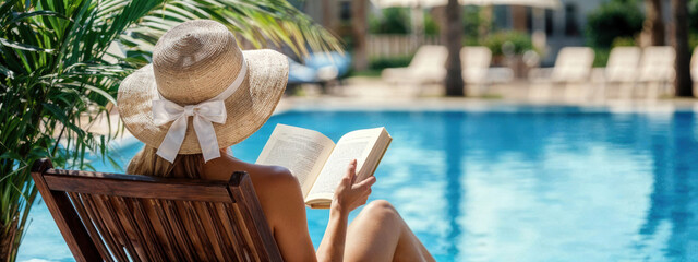 Woman relaxing by the poolside reading a book on vacation