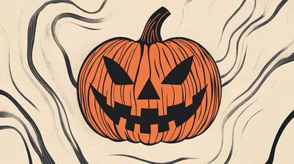 Halloween Jack-O'-Lantern with Woodgrain Texture and Wavy Lines