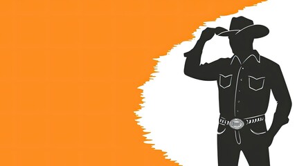 Stylized silhouette of a cowboy tipping his hat against a vibrant orange background, embodying the spirit of the Wild West.