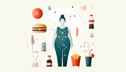 An abstract illustration of a woman surrounded by fast food items, drinks, and health-related symbols, focusing on diet and metabolism. Generated AI.
