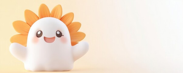 Fototapeta premium Adorable ghost wearing a sunflower costume in the top left corner, smiling, with a soft yellow background for lighthearted Halloween art