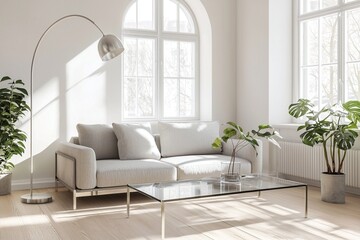 Fototapeta premium A combination of modern Scandinavian and minimalist interiors in the living room with windows and a view of the sofa and table. Generative AI 