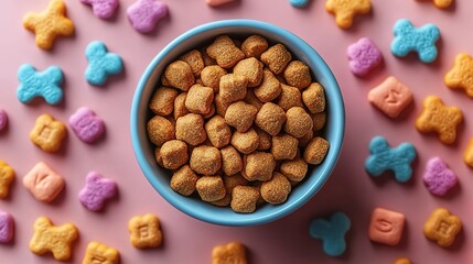 a bowl of dry pet food surrounded by colorful pet treats representing balanced pet diet