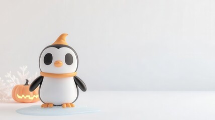 Obraz premium Ghost in a penguin costume in the bottom left corner, waddling on ice, with a light blue background for winter-themed Halloween illustrations