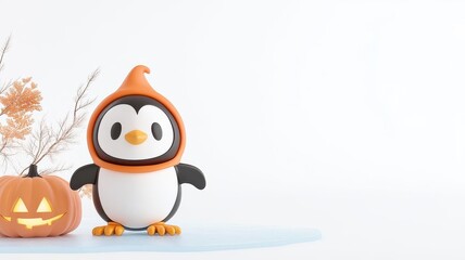 Obraz premium Ghost in a penguin costume in the bottom left corner, waddling on ice, with a light blue background for winter-themed Halloween illustrations