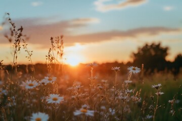 Daisies at Dusk, A Serene Summer Meadow Bathed in Golden Light