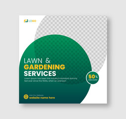 Lawn and gardening or landscaping service social media post and web banner template