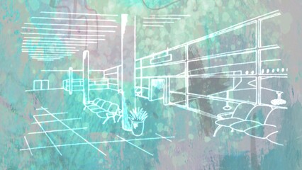 Artistic line drawing of an airport interior scene set against an abstract background. Perfect for interior, business, modern, and artistic projects.

