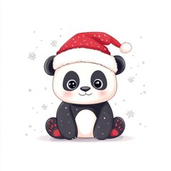 Adorable cartoon panda wearing a festive Santa hat, surrounded by falling snowflakes, perfect for holiday-themed designs.