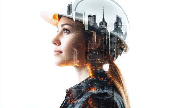 Double exposure image of a white female engineer wearing a hard hat, city buildings softly overlaid on a white background.