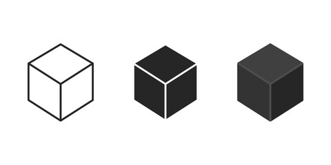 Cube as three-dimensional square lined and shaped black illustration set. Vector icons in flat style