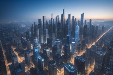 Aerial photograph of city at dawn with skyscrapers and illuminated streets