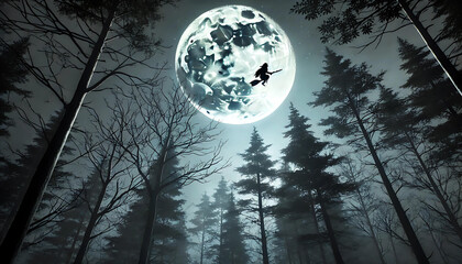Naklejka premium Realistic Shot of Full Moon Shining Through Trees with Flying Witch, Ample Copy Space