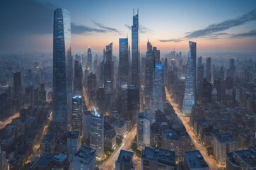 Naklejka premium Aerial photograph of city at dawn with skyscrapers and glowing streets