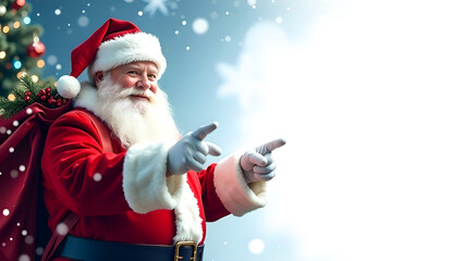 santa claus on the left points with his hands to the right for space for text, banner, blue and white background, christmas tree in the background