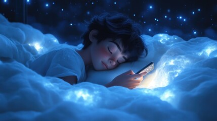 A cartoon character lying in bed scrolling through their phone