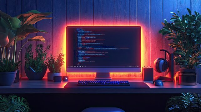 a computer setup with code on the screen representing learning python for data engineering main objects monitor keyboard plant headphones