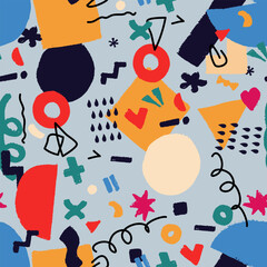 Seamless pattern colored various shapes, geometric figures, doodle. Abstract contemporary modern trendy illustration. Hand drawn Vector poster, logo, print templates, web. Scrawl pattern design.