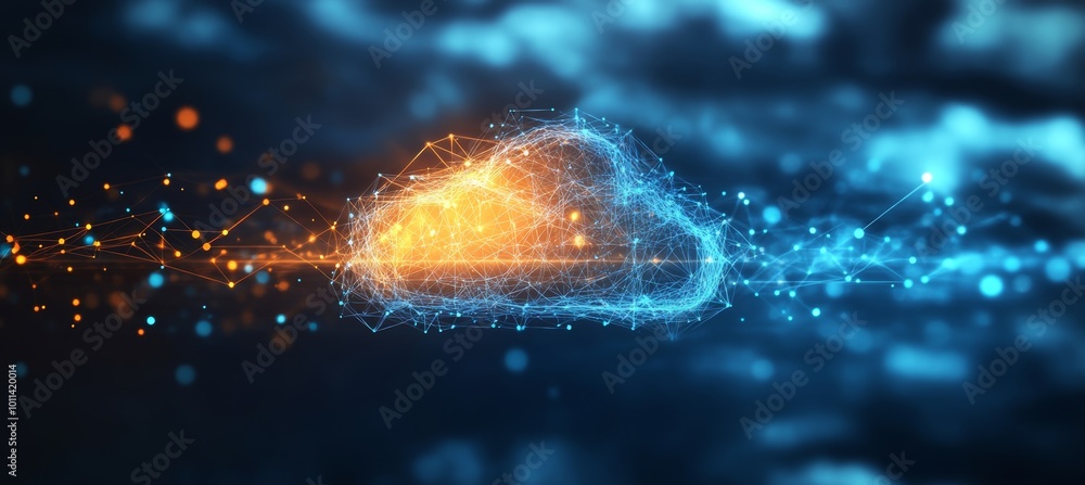 Poster abstract glowing digital cloud and data flow on technology background, cloud computing concept