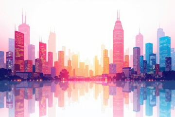 Obraz premium Colorful Stylized City Skyline with Reflection at Sunset