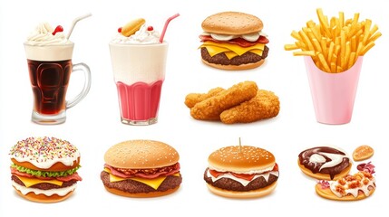 A collection of delicious fast food items, including a burger, fries, milkshake, and donut.
