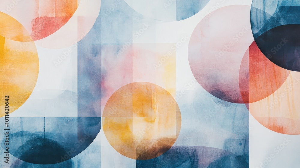 Poster abstract watercolor composition with overlapping circles and shapes in vibrant colors.