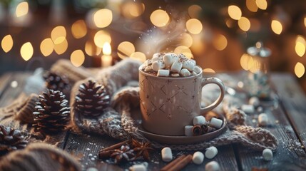 Cozy Hot Chocolate Cup with Marshmallows on Table Surrounded by Pinecones and Warm Lights