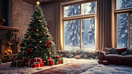 A beautifully decorated Christmas tree stands in a cozy living room. Gift boxes of different sizes sit underneath, while snow covers the house outside, and a chimney peeks through the snowy rooftop.