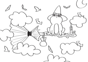 Halloween frog dressed as a witch flying a broomstick coloring page for kids.